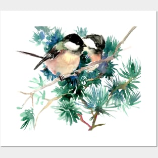 Chickadee Birds in The forest Posters and Art